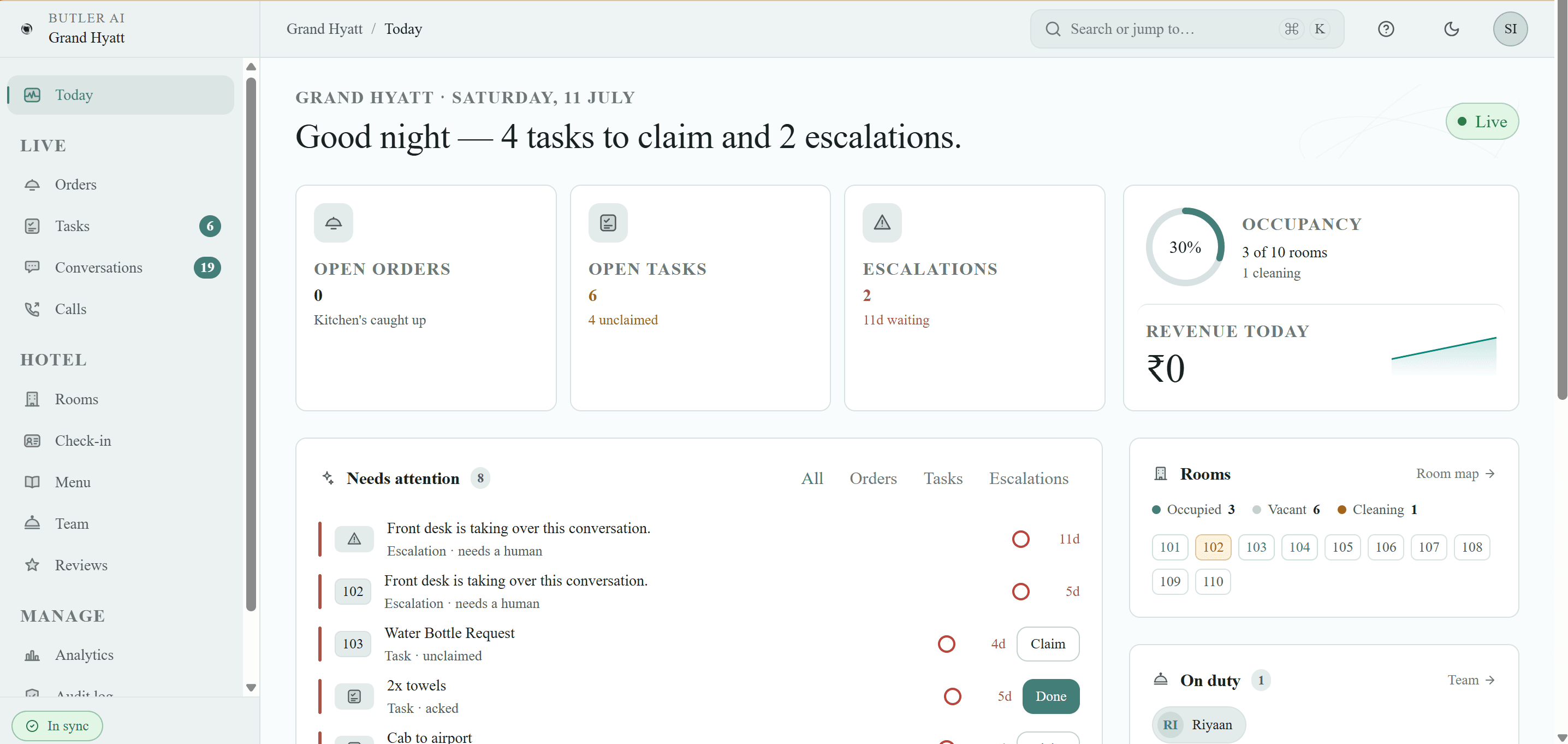 Butler AI operations console showing guest requests, tasks, and escalations