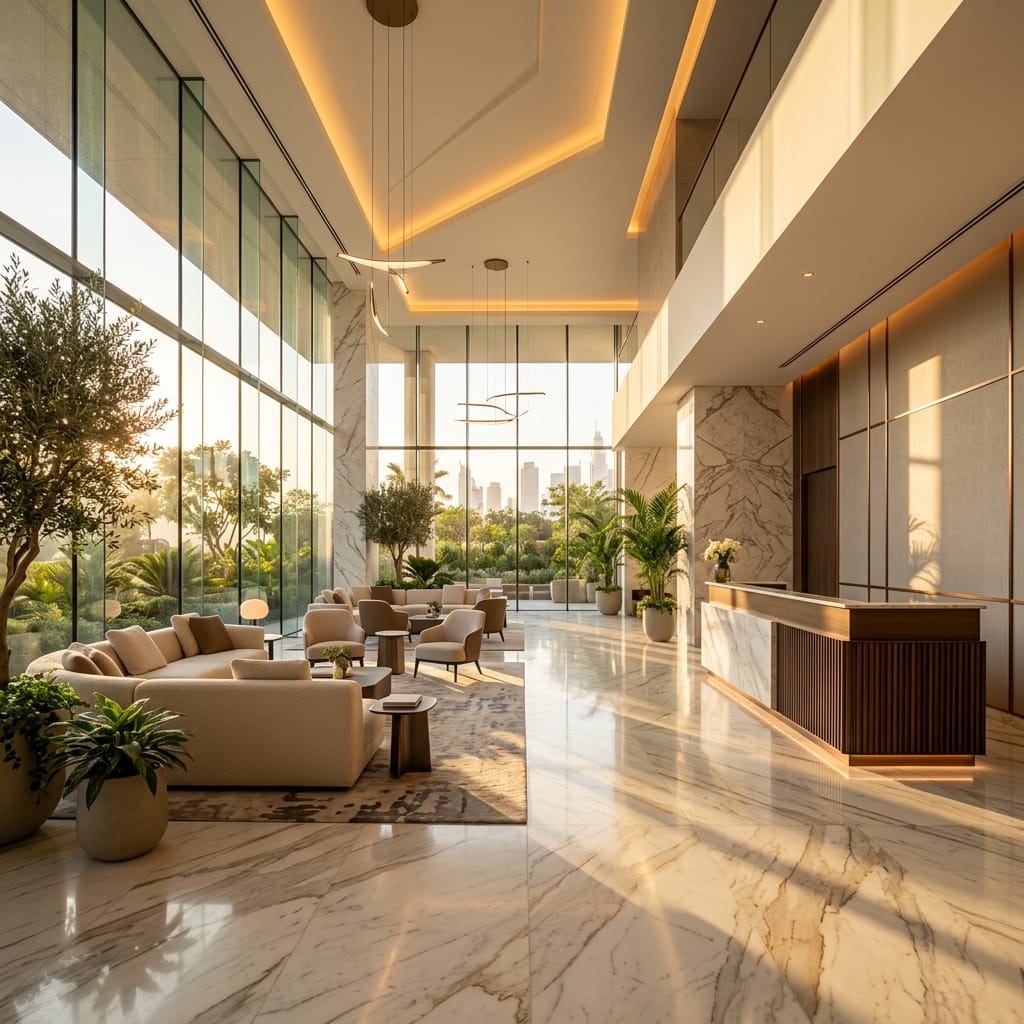 A contemporary hotel lobby ready for guest arrivals