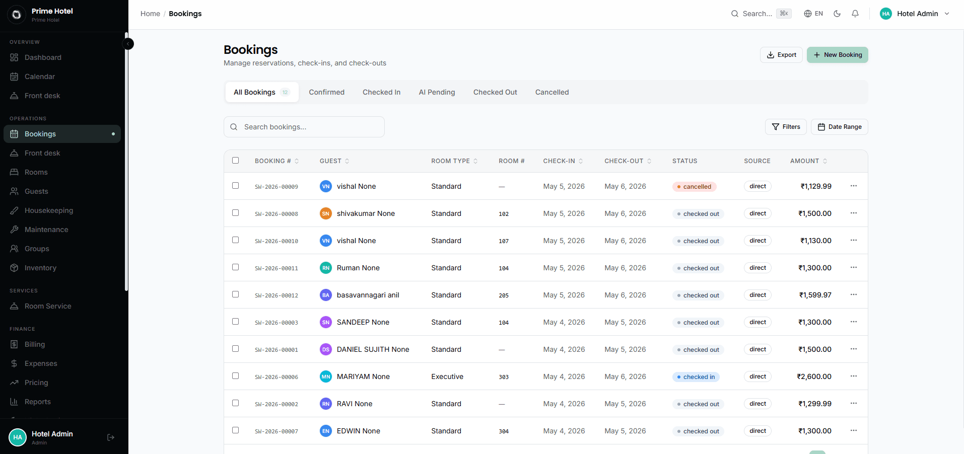 PMS Lite Bookings Page